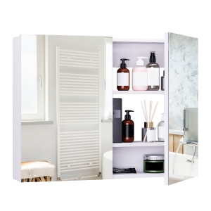 Armoire miroir de salle de bain 2 portes et étagères MDF blanc