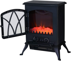 HOMCOM Chimenea Eléctrica Móvil tipo Estufa de Pie con Efecto de Leña Ardiendo Calefactor 1000W/2000W 45x28,5x54cm Color Negro