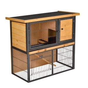 PawHut Wood-metal Rabbit Guinea Pig Hutch Elevated Pet House Bunny Cage with Slide-Out Tray Openable Roof Outdoor 89.5 x 45 x 81cm Light Yellow