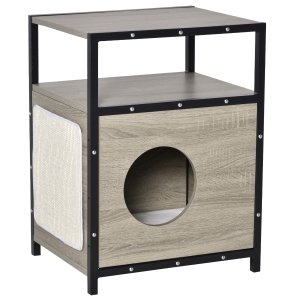 PawHut Casa para Gatos de Madera con Apariencia de Mesa Auxiliar Cueva con Cojín Extraíble Puerta con Orificio y Alfombrilla Rascadora 48x40x64,5 cm Roble Gris