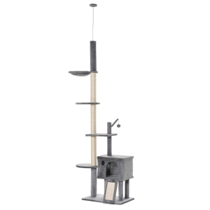 PawHut Árbol Rascador para Gatos Rascador de Gatos Barato Rascador para Fijar al Techo Altura Ajustable 238-270 cm con Hamaca Cueva Rampa Bola de Juego Gris Claro