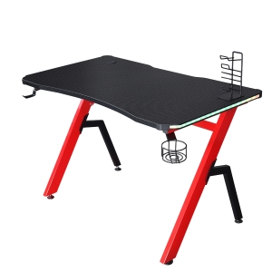 HOMCOM Mesa Gaming 120x66x76 cm con Luz LED RGB y Control Remoto Escritorio Gaming Desk con Portavasos Gancho para Auriculares Soporte para Mandos Gamepad Fibra de Carbono Negro y Rojo