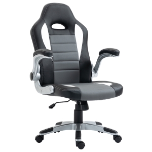 HOMCOM Silla de Oficina Ergonómica Silla de Escritorio Ajustable en Altura Reposabrazos Abatibles con 5 Ruedas Cuero Sintético PU Carga 120 kg 65x69x112-122 cm Gris
