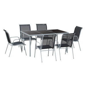 Outsunny Conjunto de Muebles Exterior para Jardín de 7 Piezas Incluye 1 Mesa y 6 Sillas con Resposabrazos Fabricado a Acero 150x90x72cm Negro