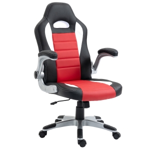 HOMCOM Silla de Oficina Ergonómica Silla de Escritorio Ajustable en Altura Reposabrazos Abatibles con 5 Ruedas Cuero Sintético PU Carga 120 kg 65x69x112-122 cm Rojo