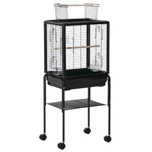 PawHut Gaiola para Passáros com Suporte Desmontável Gaiola com 4 Rodas Teto com Abertura 2 Comedouros 2 Poleiros e Bandeja para Periquitos Canários 47x35x106,5cm Preto