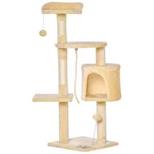 PawHut Árbol para gatos Rascador de Gatos Barato Rascador Grande con Plataformas Casetas Bolas de Juego 114cm Cubierto de Felpa Beige