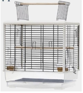 PawHut Gaiola para Passáros Gaiola com Teto com Abertura 2 Comedouros 2 Poleiros Bandeja Removível Acrílica e Alça de Transporte para Periquitos Canario 47x35x57,5cm Branco e Preto