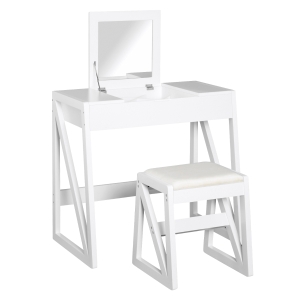 HOMCOM Tocador Mesa para Maquillaje con Taburete Espejo Tapa Abatible 9 Compartimientos de Almacenaje Tocador Moderno 80x50x76cm Blanco Madera