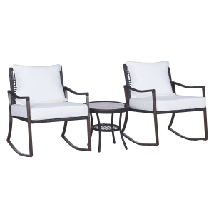 Outsunny Conjunto de Jardín de Ratán con Mesa Vidrio Templado Ø51x46cm y 2 Sillas Mecedoras 65,5x73,5x84,5cm con Cojines Lavables Cremallera y Almohadas Blanco y Marrón