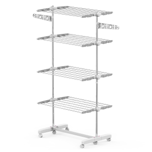 HOMCOM Tendedero de Ropa Plegable 80x55x172 cm con 6 Ruedas y 4 Estantes con Altura Regulable de Acero Inoxidable Plateado