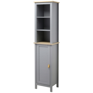 kleankin Armario Alto de Baño Mueble Columna Estrecho Moderno con 1 Puerta Estante Ajustable y 3 Compartimentos Abiertos 39x30x168 cm Gris