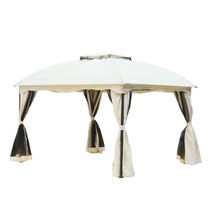 Outsunny Cenador con Techo Gazebo Pabellón Exterior 3x3.65x2.82m Carpa Glorietas de Jardín Marco de Hierro con Pared Lateral y Mosquitero Color Crema