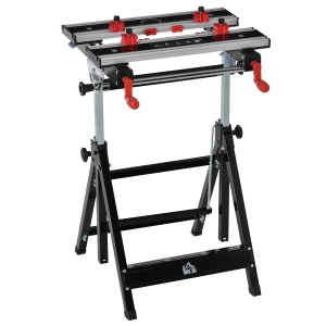 HOMCOM Banco de Trabajo Plegable con Altura Ajustable Tableros Regulables en Ancho y Distancia Carga Máx.100 kg 55x50x78,5-108 cm Negro y Plata