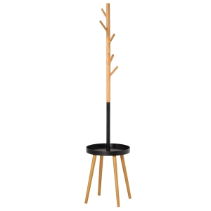 HOMCOM Perchero de Pie con Mesita Auxiliar Redonda y 5 Ganchos con Altura Regulable Colgador de ropa para Abrigos Sombreros Bolsos 40x40x179 cm Madera Natural y Negro