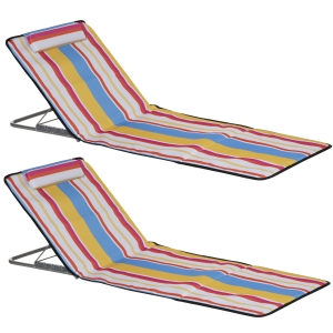 Outsunny Conjunto de 2 Esteiras de Praia Dobráveis 124x53x50cm com Encosto Ajustável e Apoio para a Cabeça Esteira de Praia Tecido Oxford Aço com Bolsa de Transporte Multicor