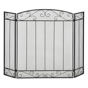 HOMCOM Salvachispas Plegable para Chimenea Pantalla Triple Protector para Estufas 3 Paneles con Bisagras 105x80,5 cm Estructura de Metal y Alambre Decorativo Negro