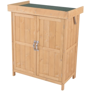 Outsunny Armario de Jardín Cobertizo de Madera Exterior para Almacenamiento de Herramientas Leñas con 2 Puertas y Techo Asfáltico Abatible 74x43x88 cm Natural