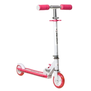 HOMCOM Patinete para Niños +3 Años Plegable Patinete Scooter con 2 Ruedas LED Manillar Altura Ajustable y Freno Posterior Carga 50 kg 61x32,3x67-77 cm Rosa y Blanco