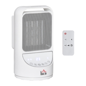 HOMCOM Calefactor Cerámico Portátil 2 Niveles de Potencia 1000W/2000W con Mando a Distancia Temporizador de 12H 3 Modos de Viento y 45° Oscilación Silencioso Ø15x28 cm Blanco