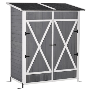 Outsunny Caseta de Jardín de Madera 139x75x160 cm Cobertizo para Almacenaje de Herramientas con Estantería Movible Puertas con Cerrojo Techo Asfáltico Gris