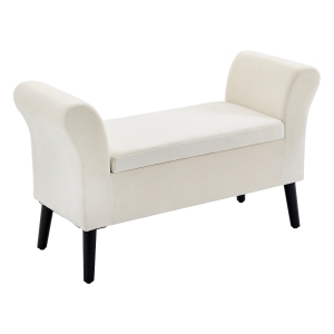 HOMCOM Banqueta Pie de Cama Tapizada en Terciopelo Banco de Almacenaje Acolchado con Tapa Abatible Reposabrazos y Patas de Madera para Dormitorio Salón 111,5x41x65 cm Blanco Crema
