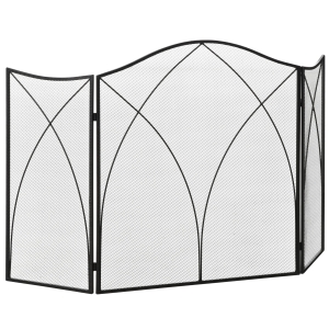 HOMCOM Salvachispas Plegable Pantalla Protectora de Chimenea 3 Paneles con Bisagras y Estructura de Metal Decorativa 126x2x76 cm Negro