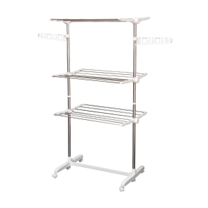 HOMCOM Tendedero de Ropa Plegable 80x55x152 cm con 6 Ruedas y 3 Estantes con Altura Regulable de Acero Inoxidable Plateado