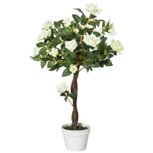 Outsunny Planta Artificial de 90 cm Rosa Blanca Realista con 21 Flores y 350 Hojas Maceta de Cemento Incluida para Interior y Exterior Verde