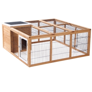 PawHut Conejera de Exterior Jaula para Conejos Cabayas Animales Pequeños con Caseta Techo Asfáltico Abatible y Múltiples Puertas 123x120x52 cm Madera Natural