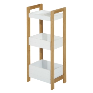 HOMCOM Dulapior Baie Multifuncțional Raft 3 Etajere din MDF Alb si Bambus