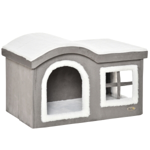 Pawhut Casuta pentru Pisici de Interior cu 2 Intrari si Fereastra, Perna si Baza Anti - Alunecare, 63.5x37x40cm - Alb/Gri