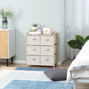 HOMCOM Comoda cu 6 Sertare Pliabile si Detasabile din Material Textil, 59x28x70cm - Lemn / Bej