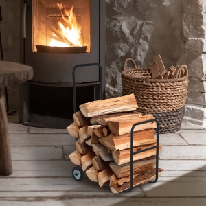 Outsunny Suport pentru lemne de foc Suport lemne cu 2 roti carucior din metal negru