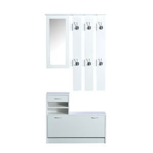 HomCom Mobila de Hol Moderna Garderoba Set Cuier, Oglinda si Dulap Pantofi 3 in 1, in Lemn Alb