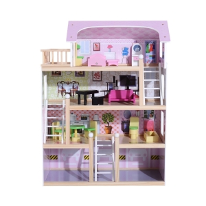 HomCom Casa Păpuși cu 4 Etaje din Lemn cu Accesorii, Roz, 60x30x80cm