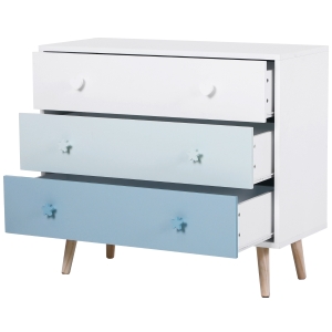 Homcom Mobilier Comoda cu Picioare din Lemn de Pin 3 Sertare Alb si Albastru 90 x 42 x 80cm