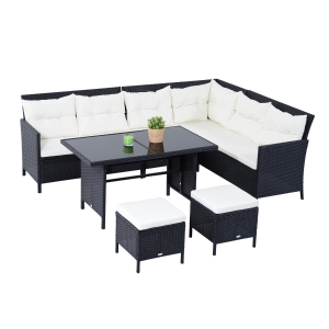 Outsunny Set Mobila din Ratan PE pentru Exterior Gradina 6 Piese, Canapea cu Perne si Masuta, Negru