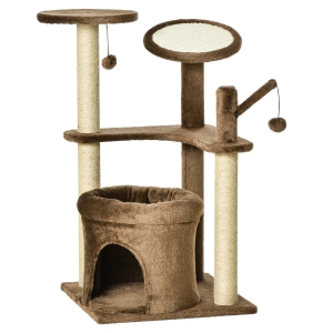 PawHut Arbore de zgariat pentru Pisici cu Stalpi din Franghie Sisal, Casuta si Perna, Husa din Plus, Inaltime 87 cm - Cafea