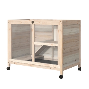 PawHut Cusca pentru Iepuri din Lemn cu 2 Nivele cu Casuta, Rampa si Tava Detasabila, 91.5x53.3x73cm - Lemn