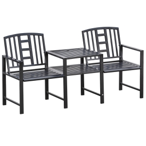 Outsunny Set 2 Scaune cu Masuta de cafea si gaura pentru Umbrela in metal, Negru
