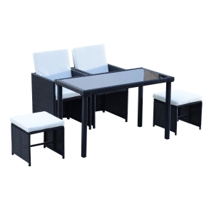 Outsunny Set Mobila de Gradina Rattan 5 Buc Masa 2 Scaune 2 Taburet cu Perne Combinate Rectangulare, Negru