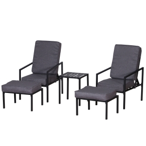 Outsunny Set 2 Sezlonguri cu Suporturi pentru Picioare Perne si Masuta din Metal si Poliester Gri si Negru