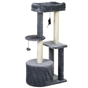 PawHut Stlapi de zgariat cu Pat Suport de catarat si 2 blaturi Alb si Gri 61x41x147cm