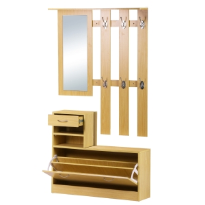 Homcom Mobilier Garderoba Dulap Pantofi Reglabil cu Oglinda si Cuier 6 carlige pentru Hol si Dormitor 90x22x116cm Lemn