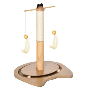 PawHut Stalp de Ascutit Unghii pentru Pisici de pana la 5 kg cu Pene,Mingi si Accesorii din Lemn Maro