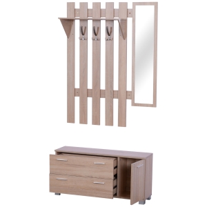 Homcom Set 3 Piese Dulap Pantofi cu Cuier si Oglinda pentru Hol in Lemn