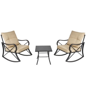 Outsunny Set Masuta si 2 Scaune de Gradina Balansoare cu Perne Bej