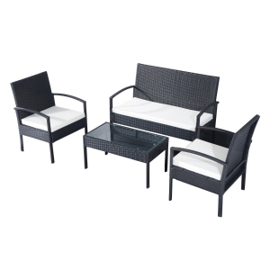 Outsunny Set Mobila in PE Rattan de Extern cu Masa, 2 Fotolii si Canapea cu Perne, Negru