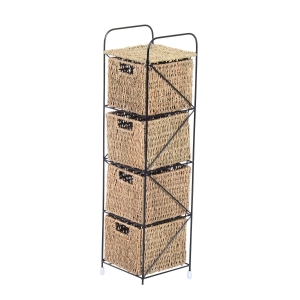 HomCom Mobilier cu 4 Coșuri pentru Casă din Alge marine și Fier, 20x20x78cm Negru și culoare naturală
